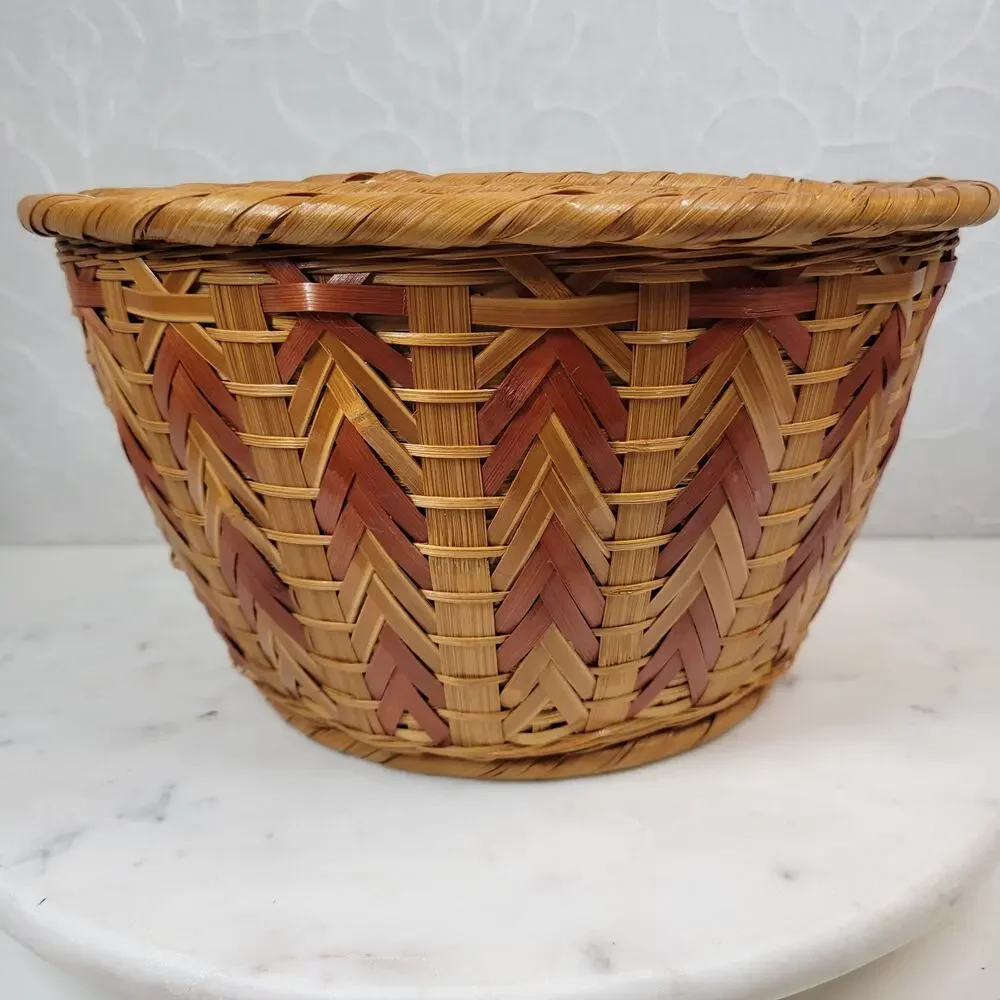 6 VTG Nesting Wicker Baskets Tan Brown Woven Chevron Boho Baskets Cottage Core
